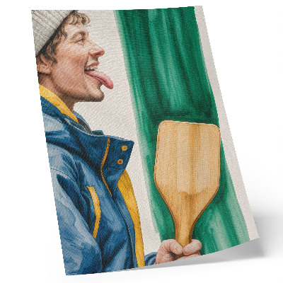 Poster Een energieke man met een houten racket.