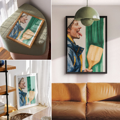 Poster Een energieke man met een houten racket.