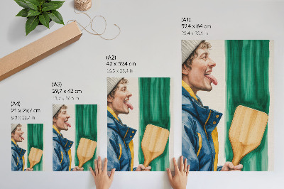Poster Een energieke man met een houten racket.
