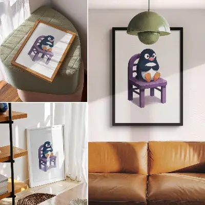 Decoratieve poster met een paarse pinguïn op een stoel in minimalistische vreugdevolle stijl