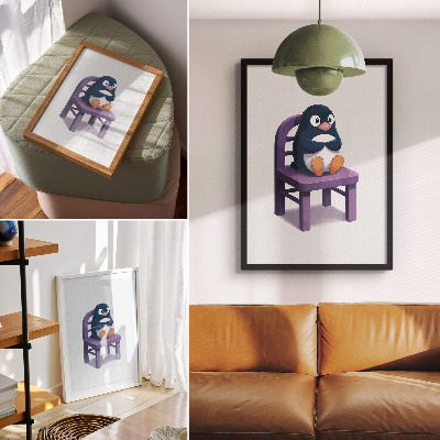 Decoratieve poster Paarse pinguïn op een stoel Vreugde Minimalisme