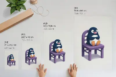 Decoratieve poster met een paarse pinguïn op een stoel in minimalistische vreugdevolle stijl