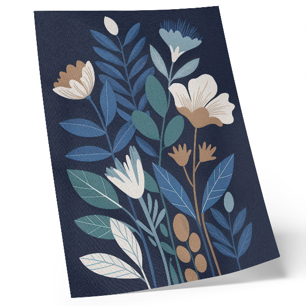 Decoratieve poster Blauwe bladeren, crèmekleurige bloemen, bruine accenten