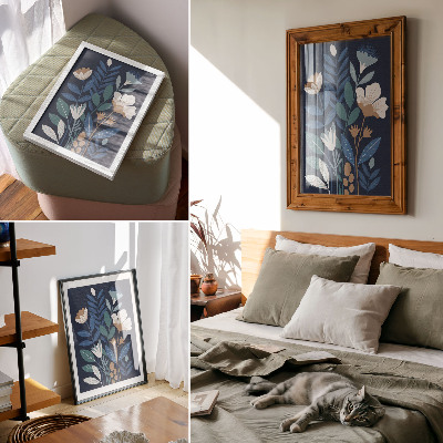 Decoratieve poster Blauwe bladeren, crèmekleurige bloemen, bruine accenten