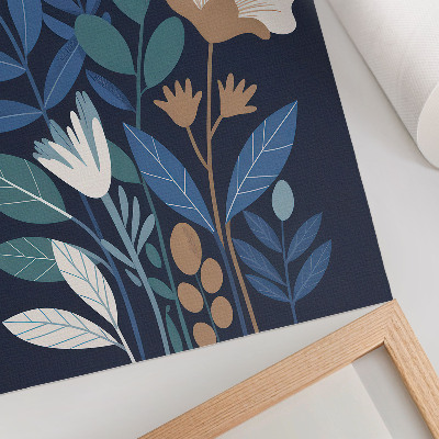 Decoratieve poster Blauwe bladeren, crèmekleurige bloemen, bruine accenten