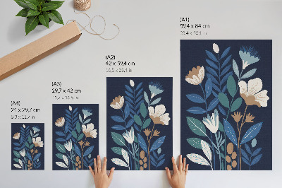 Decoratieve poster Blauwe bladeren, crèmekleurige bloemen, bruine accenten