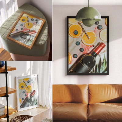 Decoratieve poster Kleurrijk fruit en rode wijn op een lichte achtergrond.