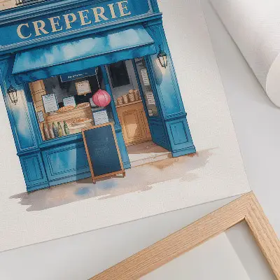 Poster blauwe gevel van een café in een charmante straat
