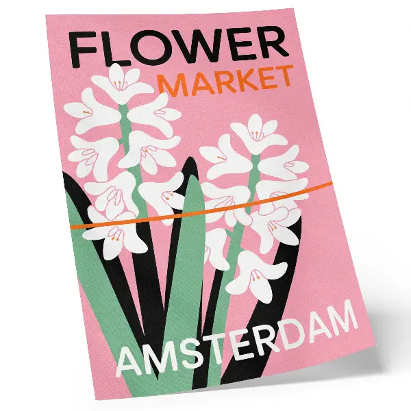 Decoratieve poster met witte bloemen, roze letters en groen contrast
