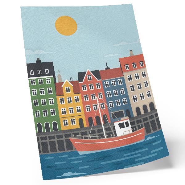 Poster Kleurrijke huizen, een boot op het water, een zonnige dag.