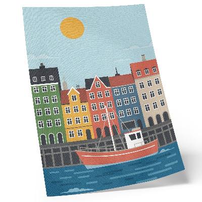 Poster Kleurrijke huizen, een boot op het water, een zonnige dag.
