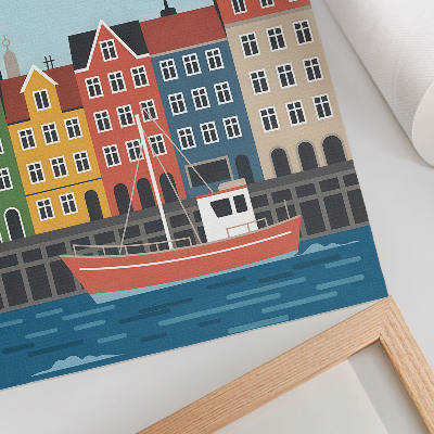 Poster Kleurrijke huizen, een boot op het water, een zonnige dag.