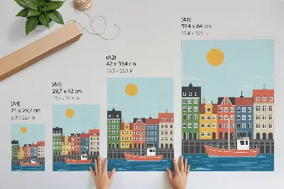 Poster kleurrijke huizen met een boot op het water tijdens een zonnige dag