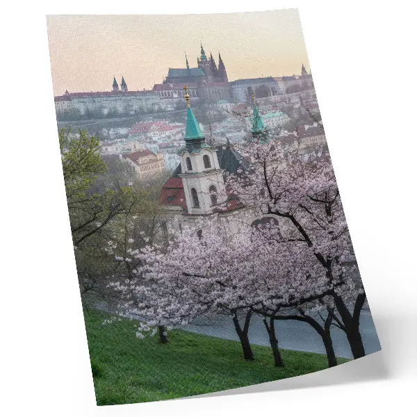 Decoratieve poster stad in de lente met bloeiende bomen en kerktorens