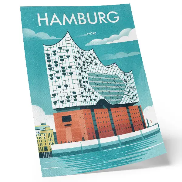 Decoratieve poster moderne architectuur in blauw met wolken