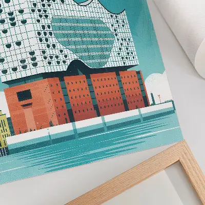 Decoratieve poster moderne architectuur in blauw met wolken