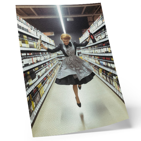 Decoratieve poster Een vrouw in een retrojurk springt een winkel binnen.