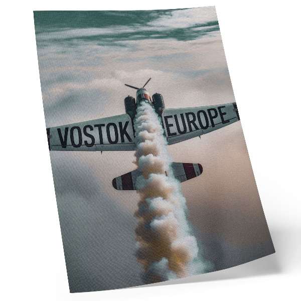 Wandposter Vliegtuig boven de wolken, ingetogen kleurenpalet, dynamiek