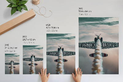 Wandposter Vliegtuig boven de wolken, ingetogen kleurenpalet, dynamiek