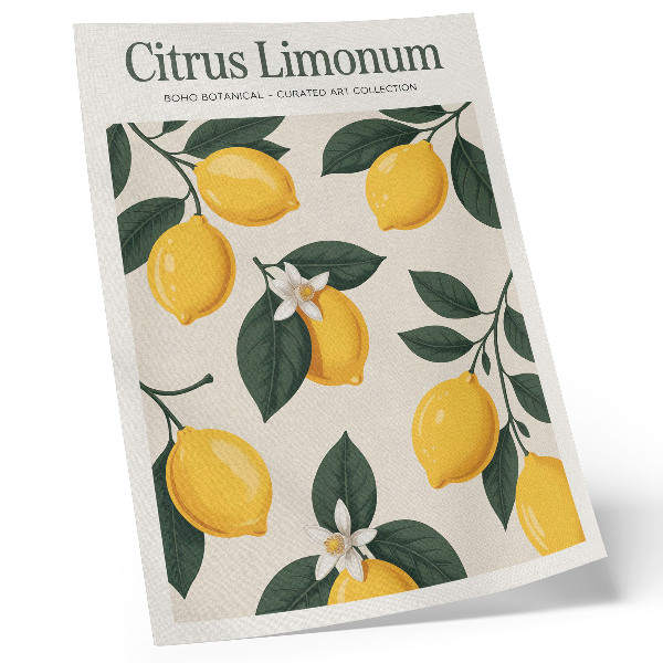 Poster Sappige citroenen, groene bladeren, crèmekleurige achtergrond