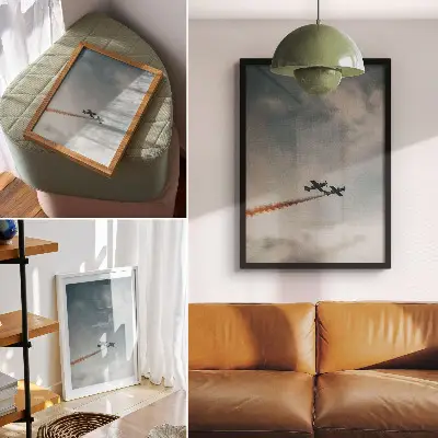 Wandposter twee vliegtuigen in de lucht met een minimalistisch technisch ontwerp