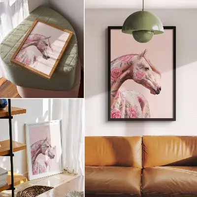 Poster paard met bloemen in een romantische en moderne stijl
