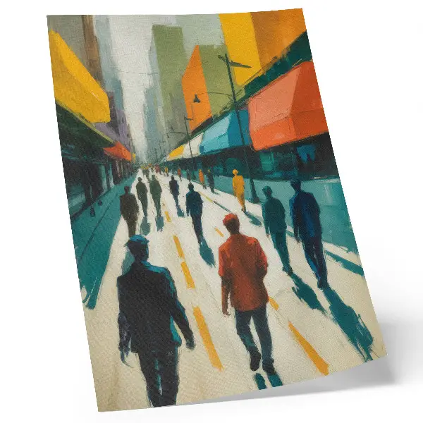 Decoratieve poster groep mensen op een kleurrijke stadsstraat