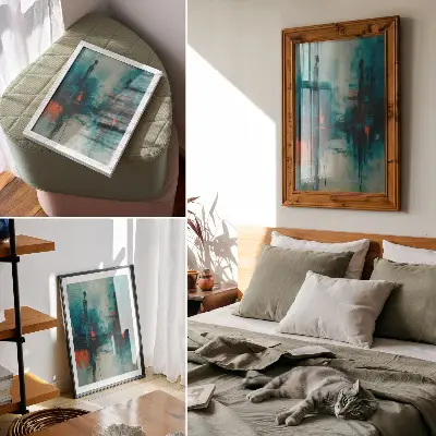 Wandposter abstractie in turkoois met dynamische contrasten