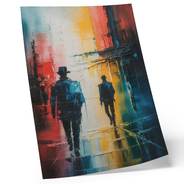 Poster Een kleurrijk stadsgezicht met mysterieuze figuren