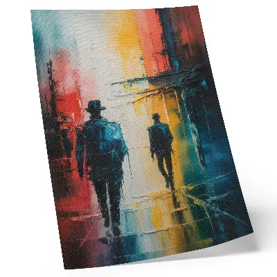 Poster kleurrijk stadsgezicht met mysterieuze figuren