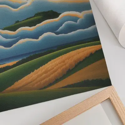 Decoratieve poster golven met groene heuvels en een pastelkleurige lucht