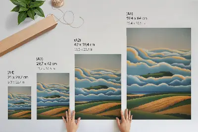 Decoratieve poster golven met groene heuvels en een pastelkleurige lucht