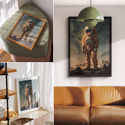 Wandposter Astronaut op een buitenaardse planeet aan de nachtelijke hemel