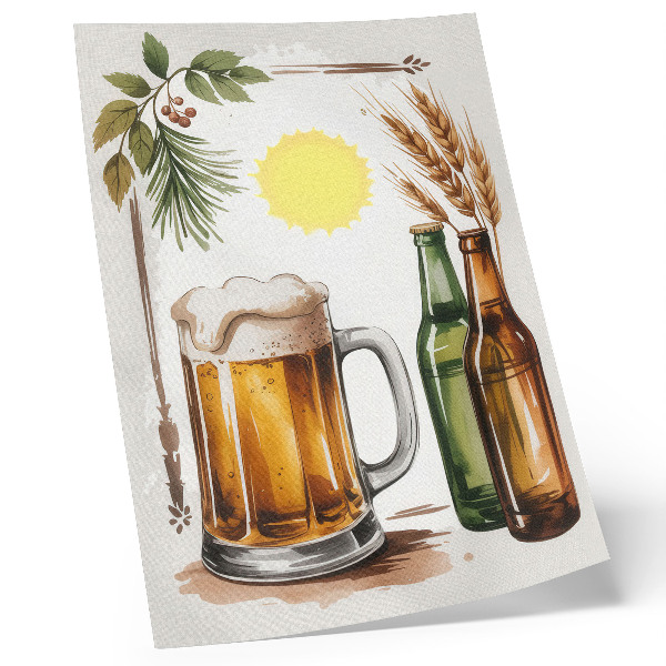 Wandposter Een mok bier met flessen, bladeren en de zon.