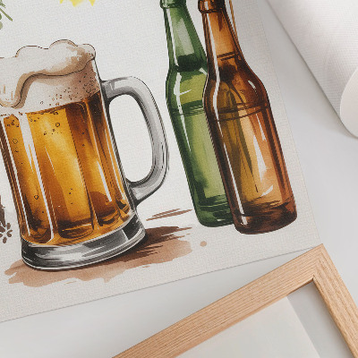 Wandposter Een mok bier met flessen, bladeren en de zon.