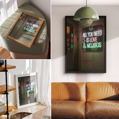 Poster Neonletters, tropische bladeren, levendige kleuren, zomer