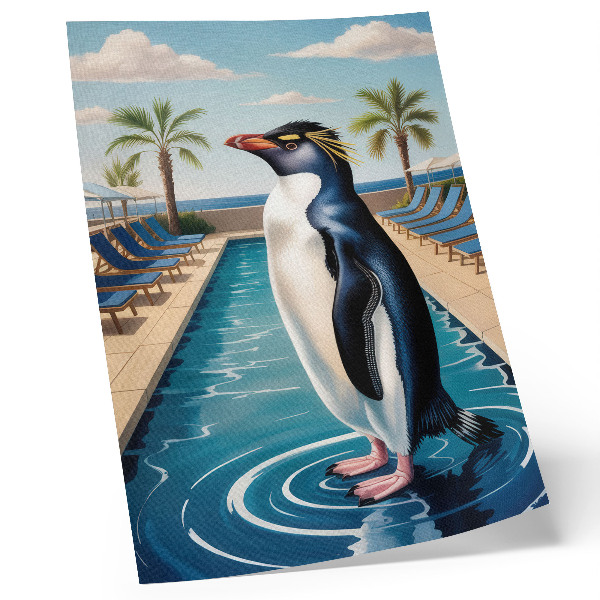 Wandposter Pinguïns, zwembad, palmbomen, zee, ontspanning