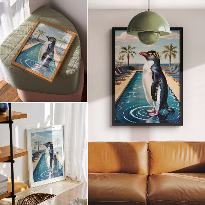Wandposter Pinguïns, zwembad, palmbomen, zee, ontspanning