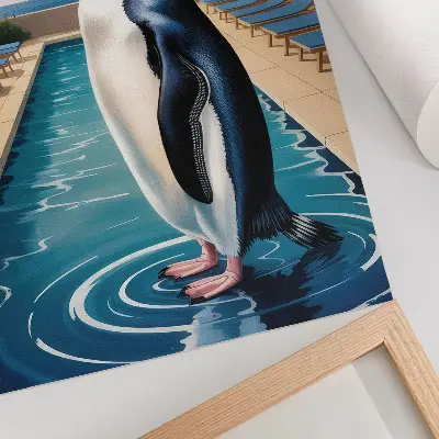 Wandposter met pinguïns in een zwembad met palmbomen en zee bij een ontspannend decor