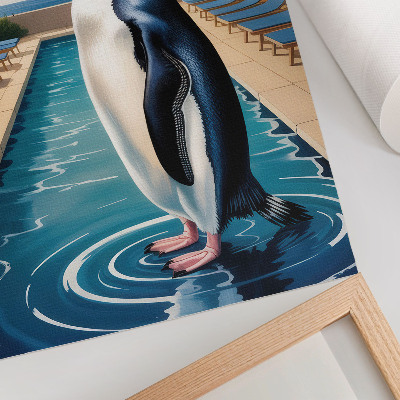 Wandposter Pinguïns, zwembad, palmbomen, zee, ontspanning