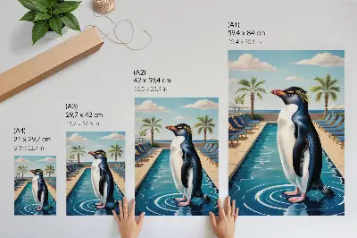Wandposter met pinguïns in een zwembad met palmbomen en zee bij een ontspannend decor