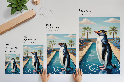 Wandposter Pinguïns, zwembad, palmbomen, zee, ontspanning