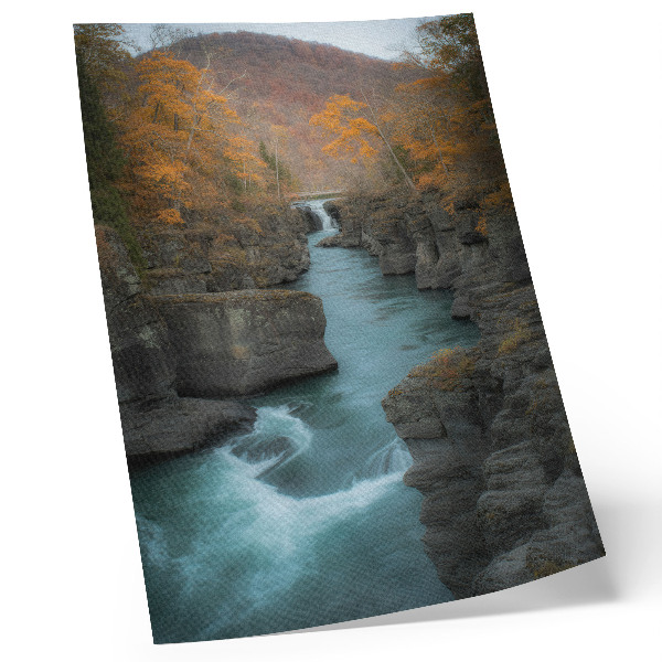 Wandposter Herfstlandschap, bergrivier, rotsachtige hellingen