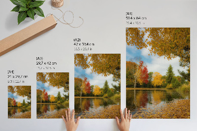 Wandposter Kleurrijke bomen aan het meer, herfststemming