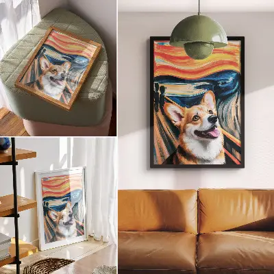 Poster met hond met dynamische kleuren en gedurfde contrasten