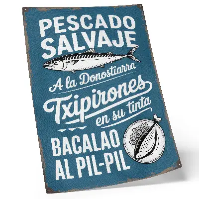 Decoratieve poster met retro vismotief en teksten op een blauwe achtergrond
