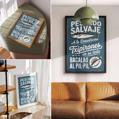 Decoratieve poster Retro vismotief en opschriften op een blauwe achtergrond