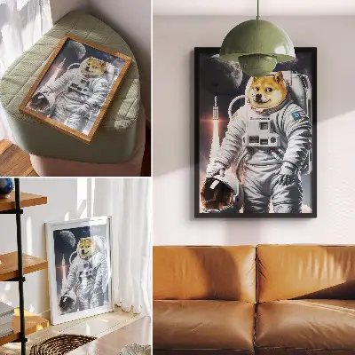 Wandposter hond in een ruimtepak met ruimteraket en maanoutfit