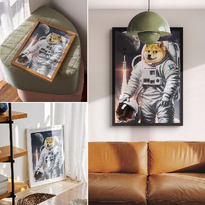 Wandposter Hond in een ruimtepak, ruimteraket, maanoutfit