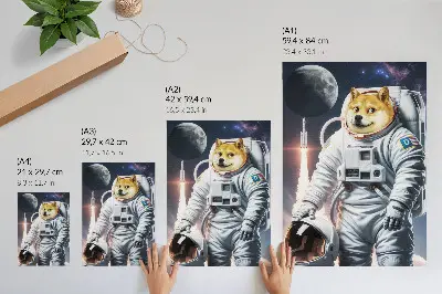 Wandposter hond in een ruimtepak met ruimteraket en maanoutfit